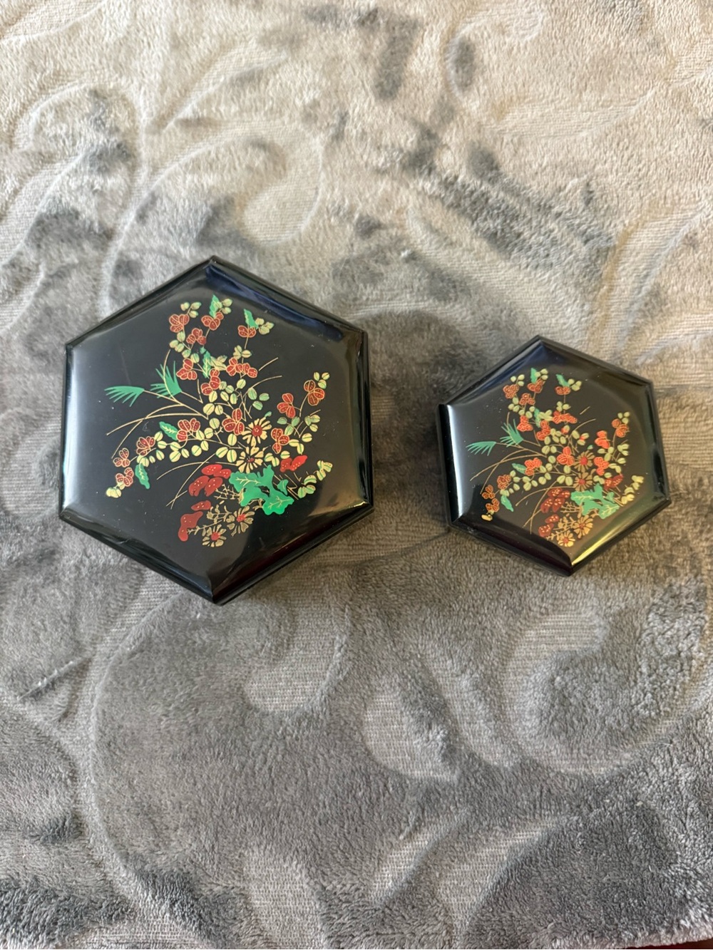 Vintage Nesting Black Floral Hexagonal Lacquer Jewelry Boxes - Set of 2  #5